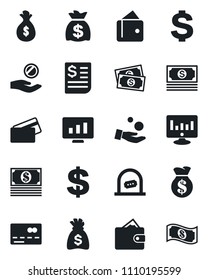 Set of vector isolated black icon - credit card vector, ticket office, dollar sign, money bag, statistic monitor, cash, receipt, wallet, investment