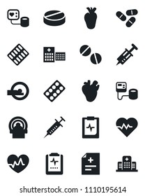 Set of vector isolated black icon - heart pulse vector, diagnosis, syringe, blood pressure, pills, blister, tomography, real, clipboard, hospital