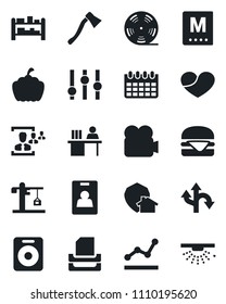 Set of vector isolated black icon - calendar vector, axe, pumpkin, route, rack, reel, settings, video camera, speaker, heart, identity card, hr, point graph, manager desk, paper tray, crane, menu