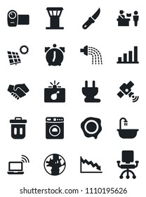 Set of vector isolated black icon - airport tower vector, passport control, bomb in case, wireless notebook, washer, stamp, watering, garden knife, earth, satellite, video camera, alarm, bar graph