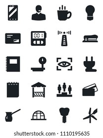 Set of vector isolated black icon - antenna vector, mobile phone, pedestal, notepad, bulb, greenhouse, implant, heavy scales, mail, stopwatch, copybook, support, stapler, coffee, alcove, credit card