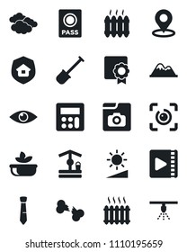 Set of vector isolated black icon - passport vector, clouds, shovel, well, eye, broken bone, calculator, brightness, place tag, id, video, photo gallery, sertificate, tie, mountains, heater, salad