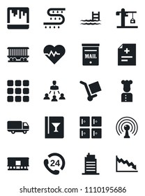 Set of vector isolated black icon - checkroom vector, drip irrigation, heart pulse, diagnosis, railroad, 24 hours, car delivery, cargo, antenna, menu, scanner, hierarchy, pool, mailbox, city house