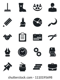 Set of vector isolated black icon - rake vector, pruner, boot, sickle, themes, clipboard, calendar, company, clock, drawing pin, pie graph, ink pen, support, paper tray, copier, pencil, handshake