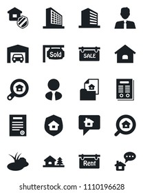 Set of vector isolated black icon - office building vector, pond, contract, house, with tree, garage, estate document, sale, rent, sold signboard, search, agent, insurance, home message