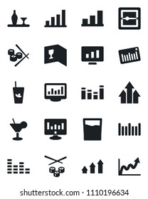 Set of vector isolated black icon - statistic monitor vector, barcode, equalizer, scanner, statistics, bar graph, alcohol, wine card, drink, cocktail, phyto, sushi, arrow up, growth