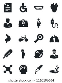 Set of vector isolated black icon - doctor case vector, diagnosis, dropper, thermometer, heart diagnostic, tomography, bike, disabled, stomach, lungs, real, joint, pregnancy, molecule, hot dog