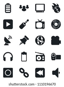 Set of vector isolated black icon - satellite antenna vector, vinyl, flame disk, radio, tv, video camera, network, headphones, chain, group, paper pin, battery, play button, rewind, jack connector