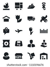 Set of vector isolated black icon - store vector, plane, satellite, support, client, mobile tracking, sea shipping, car delivery, consolidated cargo, warehouse storage, no hook, tulip, heavy