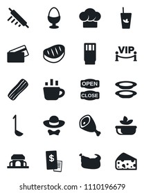 Set of vector isolated black icon - coffee vector, cook hat, drink, phyto bar, salad, plates, bacon, egg stand, cafe building, vip zone, dress code, open close, credit card, restaurant receipt, ham