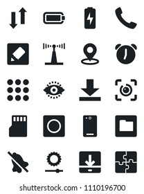 Set of vector isolated black icon - antenna vector, phone back, call, menu, alarm, record, sd, folder, notes, data exchange, download, mute, brightness, place tag, eye id, battery, charge
