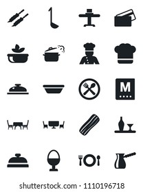 Set of vector isolated black icon - cook vector, alcohol, restaurant table, cafe, hat, menu, reception, salad, bacon, egg stand, credit card, kebab, ladle, bowl, steaming pan, turkish coffee