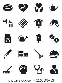 Set of vector isolated black icon - rake vector, watering can, bird house, heart pulse, stethoscope, dropper, pills, bottle, blister, tomography, hand, diet, hospital, doctor