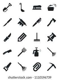 Set of vector isolated black icon - drawing pin vector, pencil, shovel, farm fork, rake, saw, garden knife, axe, sprayer, scalpel, paper clip, pen, stapler, ladle, rolling, steaming pan, hard work