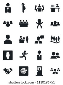 Set of vector isolated black icon - passport control vector, male, baby, medical room, handshake, team, meeting, run, pregnancy, speaker, group, user, fingerprint id, manager desk, waiter