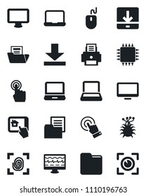 Set of vector isolated black icon - mouse vector, monitor pulse, virus, folder document, touch screen, laptop pc, download, printer, notebook, chip, fingerprint, home control app, eye scan