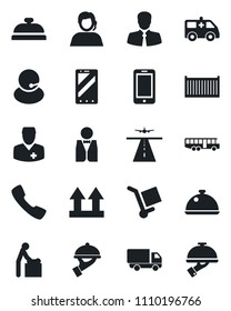 Set of vector isolated black icon - runway vector, airport bus, baby room, mobile phone, ambulance car, doctor, support, client, cargo container, delivery, up side sign, call, waiter, dish
