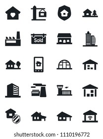 Set of vector isolated black icon - airport building vector, office, factory, greenhouse, warehouse, house with garage, tree, sold signboard, sweet home, crane, estate insurance, cafe, control app