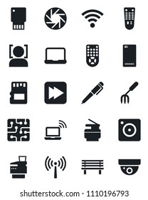Set of vector isolated black icon - antenna vector, wireless notebook, garden fork, bench, remote control, fast forward, phone back, mobile camera, sd, face id, pc, copier, pen, chip, usb flash