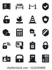Set of vector isolated black icon - fence vector, border cone, safe, lock, identity card, shield, flammable, vip zone, home control, wireless, app, protect, combination