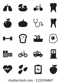 Set of vector isolated black icon - medical room vector, pumpkin, seeds, heart pulse, stethoscope, ambulance car, barbell, bike, lungs, tooth, caries, clipboard, hospital, pool, salad, bread