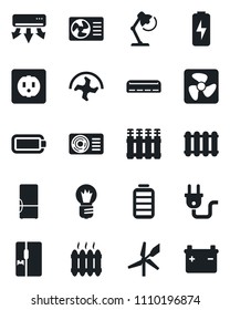 Set of vector isolated black icon - bulb vector, ripper, battery, charge, desk lamp, heater, air conditioner, fridge, socket, power plug, fan, radiator, windmill