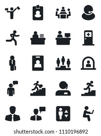 Set of vector isolated black icon - dispatcher vector, elevator, reception, medical room, speaking man, pedestal, manager place, run, support, client, identity card, desk, meeting, career ladder