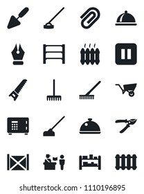 Set of vector isolated black icon - passport control vector, safe, trowel, rake, wheelbarrow, pruner, saw, hoe, container, rack, pause button, paper clip, ink pen, heater, dish, radiator