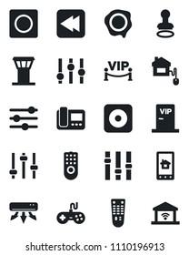Set of vector isolated black icon - airport tower vector, stamp, gamepad, settings, remote control, rewind, rec button, tuning, record, air conditioner, vip zone, home, intercome, app, garage gate