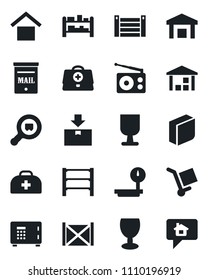 Set of vector isolated black icon - safe vector, doctor case, container, fragile, cargo, warehouse storage, package, heavy scales, search, rack, radio, blank box, mailbox, home message