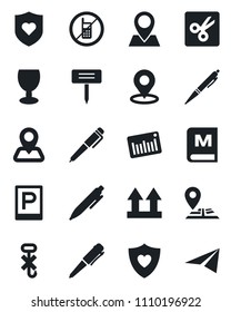 Set of vector isolated black icon - parking vector, no mobile, pen, plant label, heart shield, navigation, pin, fragile, up side sign, hook, barcode, cut, place tag, menu, paper plane