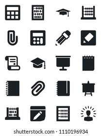 Set of vector isolated black icon - graduate vector, abacus, notepad, presentation board, contract, calculator, notes, copybook, paper clip, pencil, shining head