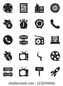 Set of vector isolated black icon - alarm clock vector, phone, abacus, stamp, sickle, plant label, reel, flame disk, radio, call, tv, open close, rocket
