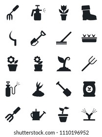 Set of vector isolated black icon - job vector, flower in pot, garden fork, shovel, farm, rake, seedling, watering can, sproute, boot, sickle, sprayer, fertilizer, irrigation