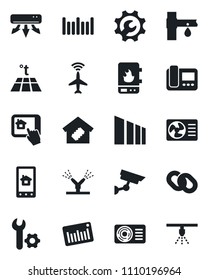 Set of vector isolated black icon - plane radar vector, drip irrigation, sorting, barcode, chain, root setup, air conditioner, smart home, water heater, intercome, control app, warm floor, sprinkler