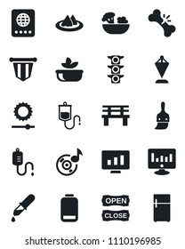 Set of vector isolated black icon - passport vector, pennant, statistic monitor, bench, dropper, broken bone, traffic light, low battery, themes, brightness, music, serviette, salad, open close