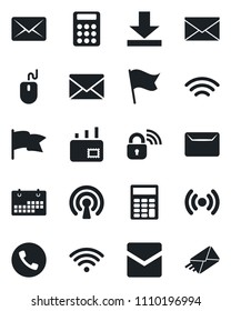 Set of vector isolated black icon - phone vector, mail, mouse, download, wireless, calendar, calculator, lock, flag