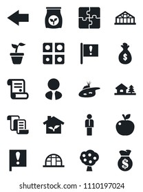 Set of vector isolated black icon - left arrow vector, manager, contract, seedling, greenhouse, fertilizer, important flag, application, house with tree, pond, fruit, estate agent, apple, eco