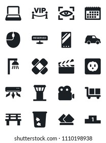 Set of vector isolated black icon - airport tower vector, trash bin, mouse, bench, patch, cargo, clapboard, mobile, video, calendar, notebook pc, air conditioner, reserved, vip zone, serviette, car