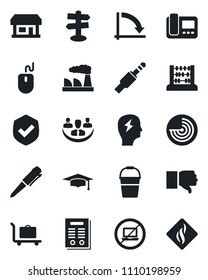 Set of vector isolated black icon - baggage trolley vector, no laptop, radar, graduate, abacus, mouse, pen, crisis graph, brainstorm, factory, bucket, signpost, store, shield, finger down, company