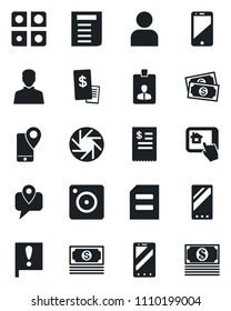 Set of vector isolated black icon - mobile phone vector, identity card, document, important flag, cash, tracking, cell, camera, user, application, restaurant receipt, home control app