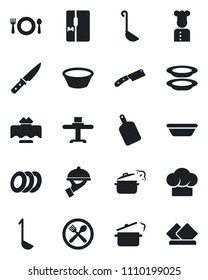 Set of vector isolated black icon - fridge vector, cook, restaurant table, cafe, hat, plates, waiter, ladle, bowl, cutting board, knife, steaming pan, serviette
