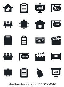 Set of vector isolated black icon - fence vector, presentation board, meeting, clipboard, clapboard, sale, rooms, sold signboard, smart home, cutting, chip