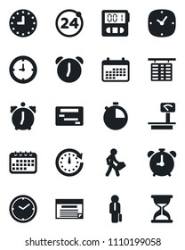 Set of vector isolated black icon - 24 around vector, alarm clock, flight table, heavy scales, stopwatch, manager, calendar, schedule, sand