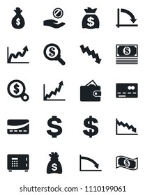 Set of vector isolated black icon - credit card vector, safe, dollar sign, money bag, crisis graph, wallet, growth, search, investment, cash