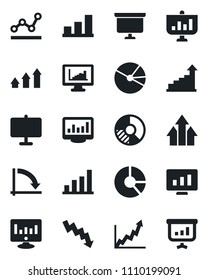 Set of vector isolated black icon - growth statistic vector, presentation board, crisis graph, monitor, circle chart, statistics, bar, pie, point, arrow up