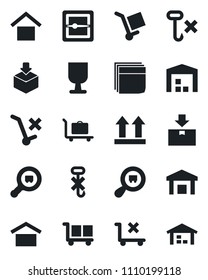 Set of vector isolated black icon - baggage trolley vector, fragile, cargo, warehouse storage, up side sign, no, hook, package, search, scanner, blank box