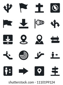 Set of vector isolated black icon - elevator vector, escalator, signpost, right arrow, wind, radar, route, pin, download, place tag, compass, flag, guidepost