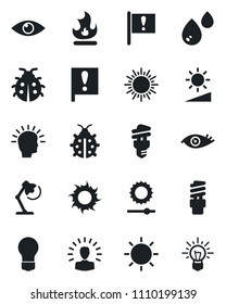 Set of vector isolated black icon - sun vector, bulb, lady bug, fire, eye, important flag, brightness, desk lamp, water, energy saving, shining head, idea