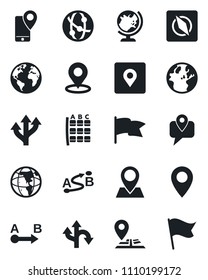 Set of vector isolated black icon - globe vector, seat map, route, navigation, earth, pin, mobile tracking, network, place tag, compass, flag